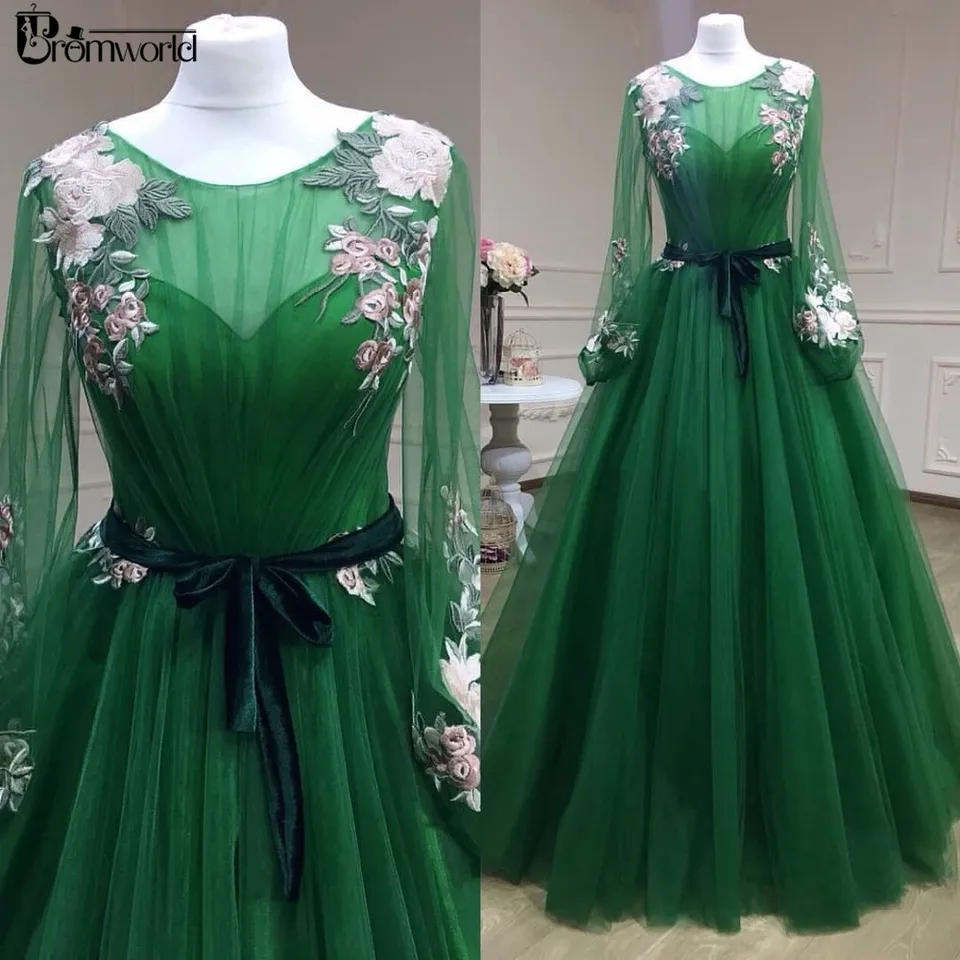 emerald green long sleeve formal dress