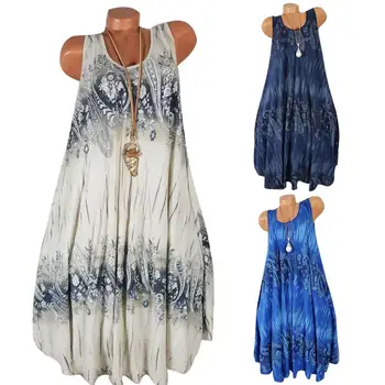 

Plus Size Women Summer Flower Print Sleeveless Round Neck Loose Shift Dress
