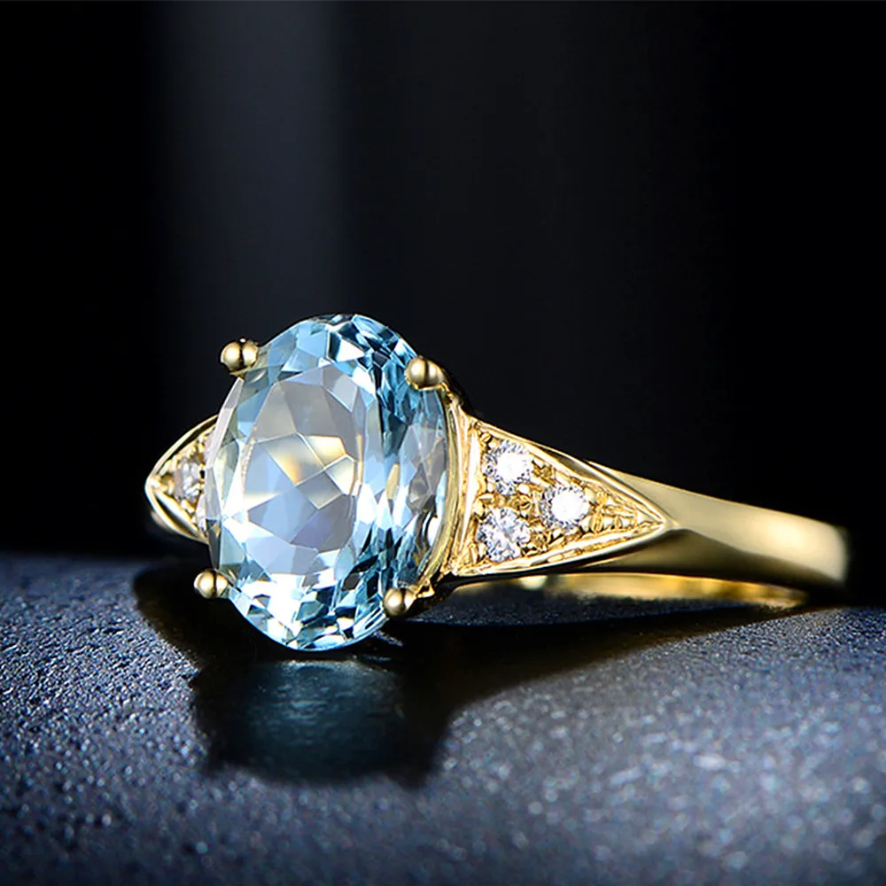 Bague En Or Jaune 18 Carats Avec Aigue-marine Bleue - Taille Italienne 19 (modifiable), Poids 8.6g, Neuf Avec Coffret