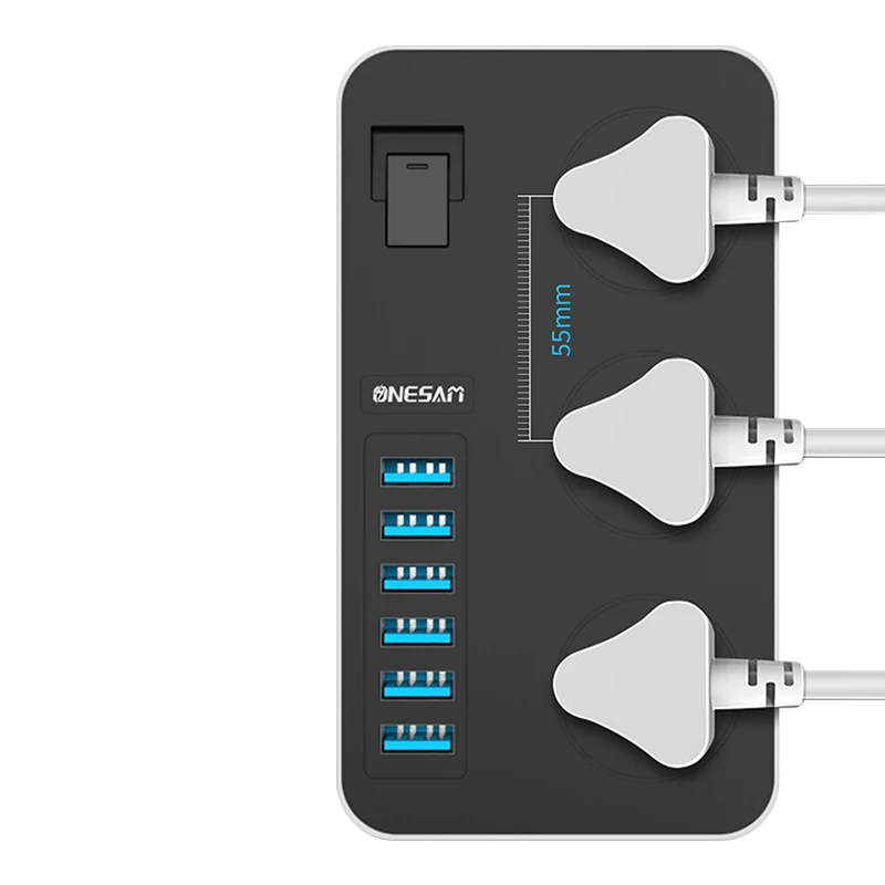 ONESAM 2500W Power Socket Extension Strip Surge Protection Charger 3.1A 6 USB Adapter 3 AC Outlet Portable Splitter |