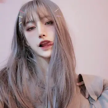 

MANWEI Long Straight Ombre Gray pink to Synthetic Wigs With Flat Bangs Cosplay Lolita Wigs for Women Wigs Heat Resistant