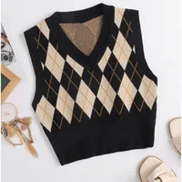 2021 NewAutumn Women’s Casual  Sleeveless Plaid Knitted Crop Sweaters  Argyle Print Sweater Vest Ladies V Neck Knit Sweater Vest 1