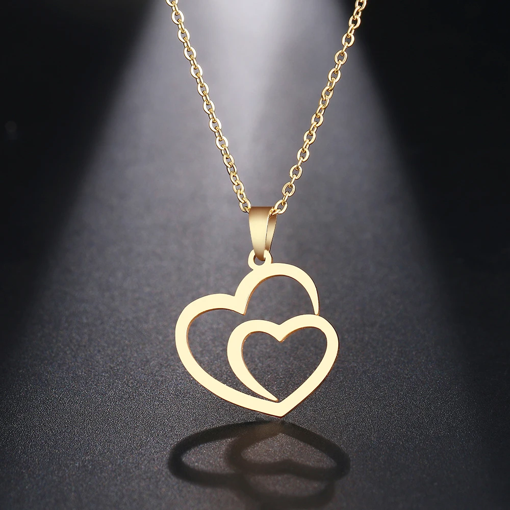 CACANA Stainless Steel Necklace For Women Man Hollow Double Heart Rose Gold Choker Pendant Necklace Engagement Jewelry - Image 4