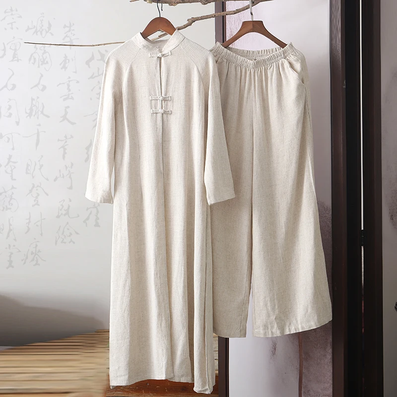 New Women Chinese Traditional Tang Suit Cotton Linen Robe Pants 2pcs Set Wide Leg Trouser Long Kung Fu Tai Chi Uniform Set