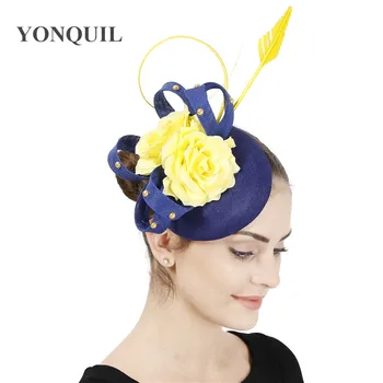 

Yellow fancy fashion women fascinator hat headband bride wedding formal headpiece party hats prom derby show millinery caps