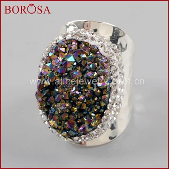 

BOROSA Rainbow Natural Agates Druzy Band Ring Women Silver Plated Gems Stones Titanium Drusy Adjustable Rings Jewelry JAB939
