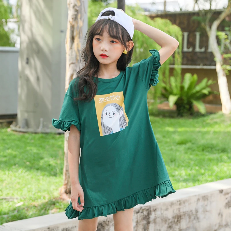 

2020 Summer Letter Girls Dresses Cartoon Ruches hem casual girls sport clothing 6 8 10 12 14 16 years old qute belt bow dress