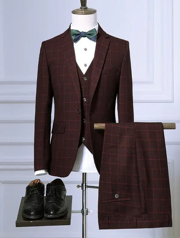 

3-piece Blazers Pants Vest Sets Fashion Men Pure Color Plaid Suit Casual Slim Business Suit Host Stage Performance Costumes
