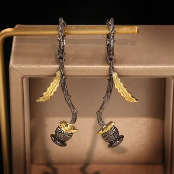 

CHARLINLIOL Women's 925 Sterling Silver Amethyst Dangle Earrings Elegant Bud Bouquet Earrings Retro Black Gold Ethnic Earrings