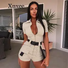 2020 Summer Women Overalls Casual Romper Jumpsuit Front Zipper Shorts Summer Cargo Pants Shirt Jumpsuit Female Khaki Playsuit