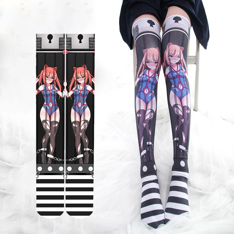 Бархатные чулки в стиле Лолиты с принтом в стиле аниме, готический косплей, Гольфы выше колена, женские носки до колена в стиле панк, 65 см
