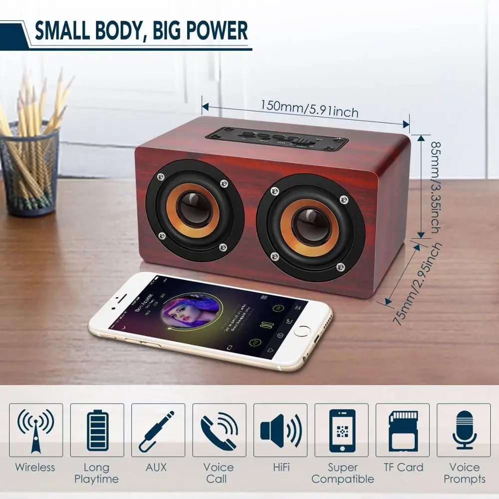 Портативный Bluetooth динамик деревянный домашний HiFi двойной бас громкий s с