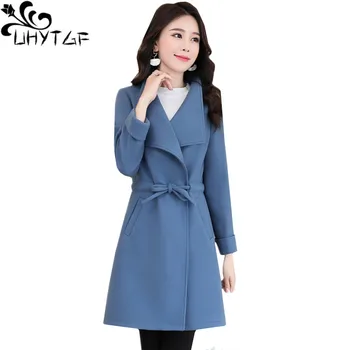 

UHYTGF Casual spring autumn woolen coat women fashion lapel lace up Slim female jacket elegant thin coats 3XL plus size top 1403