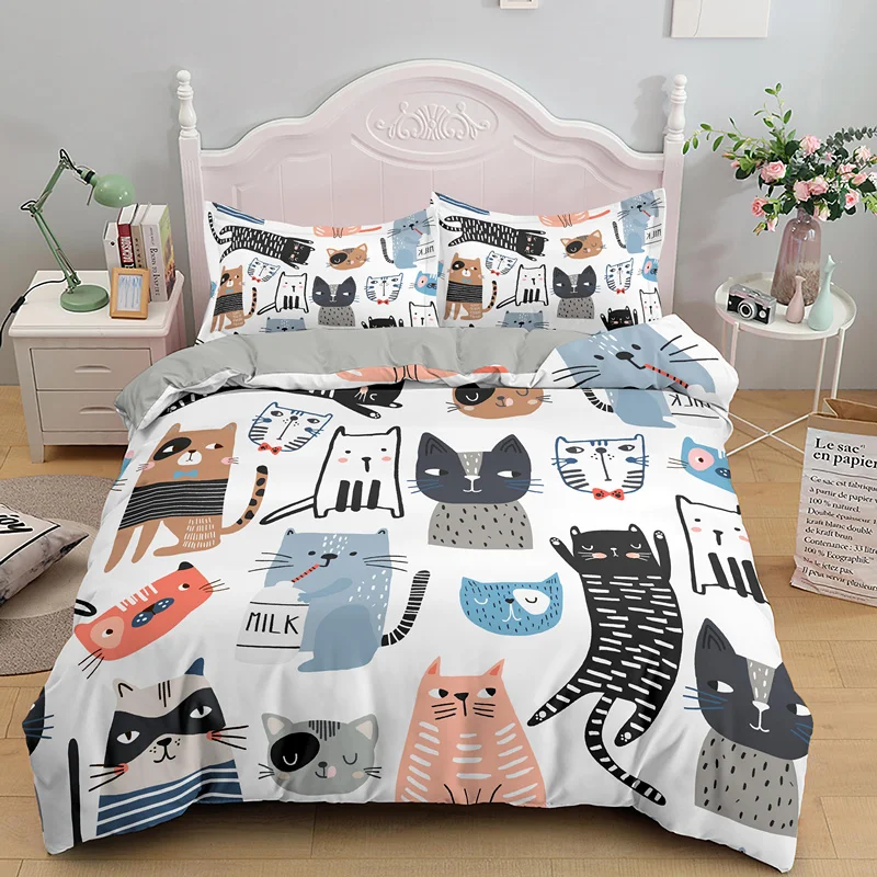 Cartoon Funny Cat Duvet Cover Sets Double Single Bedding Set Soft Comforter Covers With Pillowcase 2/3PCS