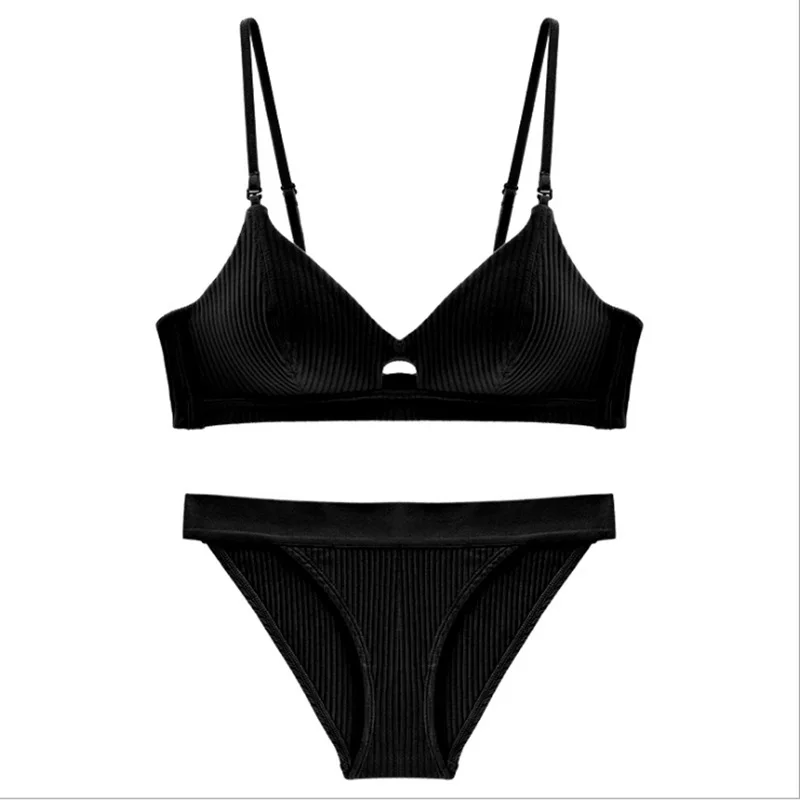 Черный Sexy Underwear Cotton Set Screw Thread Thin Wireless Bra With Removable Straps Padded Girls Bra Thong Set Lingerie Women - Цвет: Черный