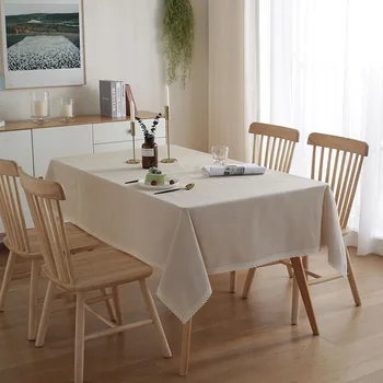 

Lace Edge Pure Color Table Cloth Family Party Rectangular Dining Table Cover Cotton Linen Decorative Accessories
