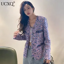 UCXQ Woman Tweed Jacket Purple Plaid Weave Long Sleeve Single Breasted O Collar French Vintage Style 2022 New Autumn 23XF218