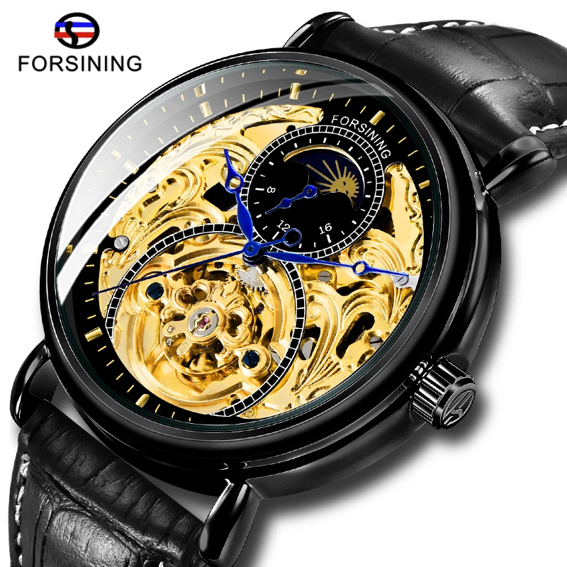 

Luxury FORSINING Gold Black Display Leather Fashion Blue Hand Skeleton Moon Phase Waterproof Men Automatic Mechanical Watches