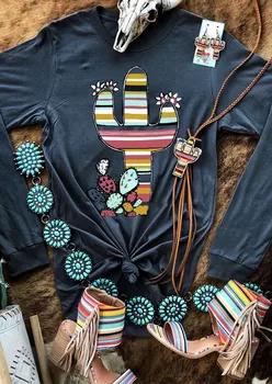 

Cactus Floral Print Top Women 2019 New O-neck T-shirt Fashion Long Sleeve Tee Shirt Femme Autumn Winter Tops Tee haut femme