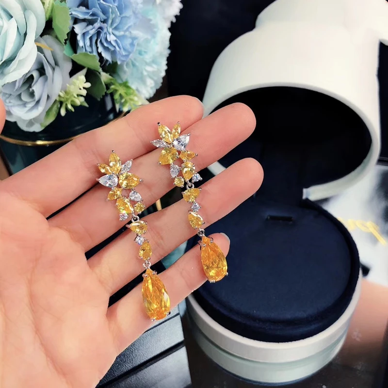 Модные висячие серьги с цветком и каплями циркония камнем шампанского S925 для