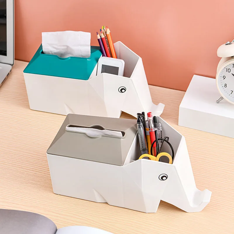 Cute Elephant Desktop Tissue Box Stationery Organizer Home Office Storage Pen Holders Plastic Box Home Decoration Accessories