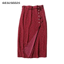 Летние Осенние юбки женские миди юбки винтажная Высокая талия пуговица для юбки Бохо богемные юбки юбка в горошек корейский стиль