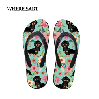 

WHEREISART Women Slippers Summer Flip Flops Beach Flat Doxie Dog Dachshund Prints Fashion Casual Footwear Home Slipper Non-Slip