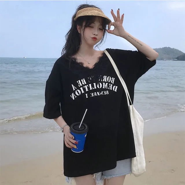 Women Harajuku Letter Printed Kawaii BF Couple Clothes Unisex Loose Long Summer Tee Top Womens Tshirt Korean Style Trendy