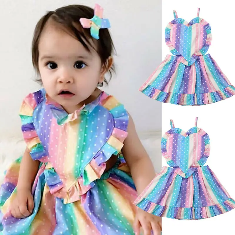 2019RainbowToddlerBabyGirlLoveColorfulSleevelessDressRomper