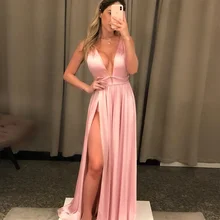 Новинка, жемчужно-розовые вечерние платья а-силуэта, v-образный вырез, с глубоким разрезом от бедра, атласные Сексуальные вечерние платья для выпускного вечера, Платья для особых случаев