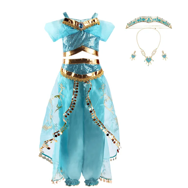Girls Jasmine Dress Arabian Princess Costume Kids Birthday Party Christmas Fancy Dress Baby Jasmine Cosplay Costume 3-10 Years Dress and set c