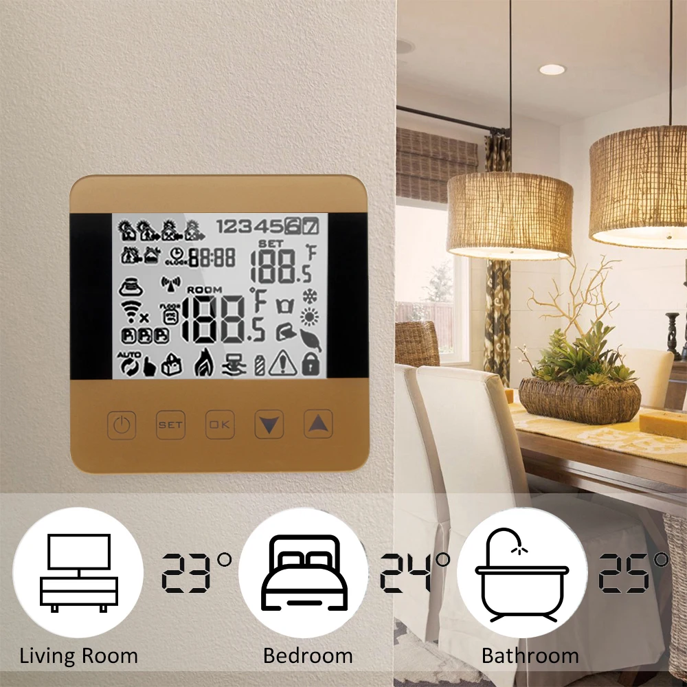 

Touch Screen Bedroom Thermostat Electric Floor Heating Temperature Controller Work with Amazon Echo Alexa Wifi Thermostat