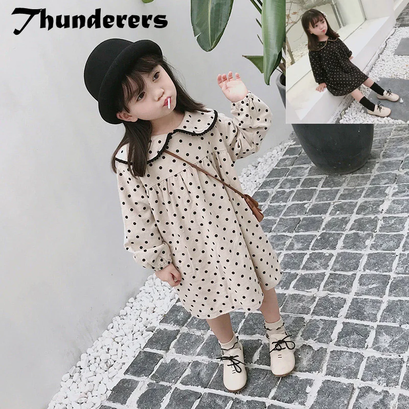 Thunderers/весенне-осеннее детское платье принцессы для девочек; вечерние платья в горошек с кукольным воротником для девочек; детская одежда белого и черного цвета