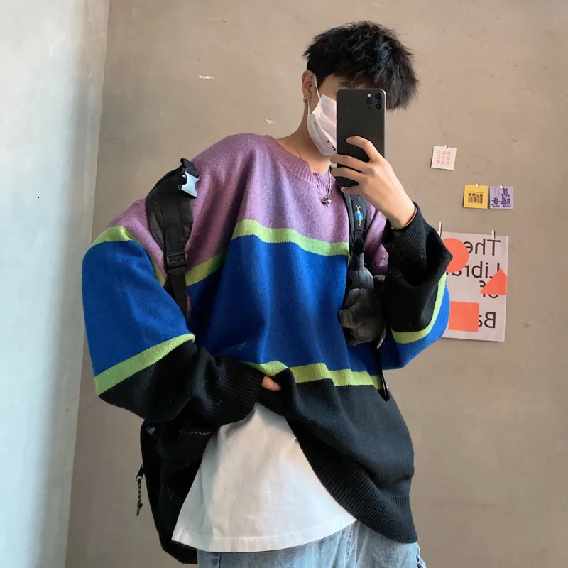 Winter Sweater Men's Warm Fashion Contrast Color Casual Knit Sweater Man Sweter Clothes Wild Loose Long-sleeved Pullover Men