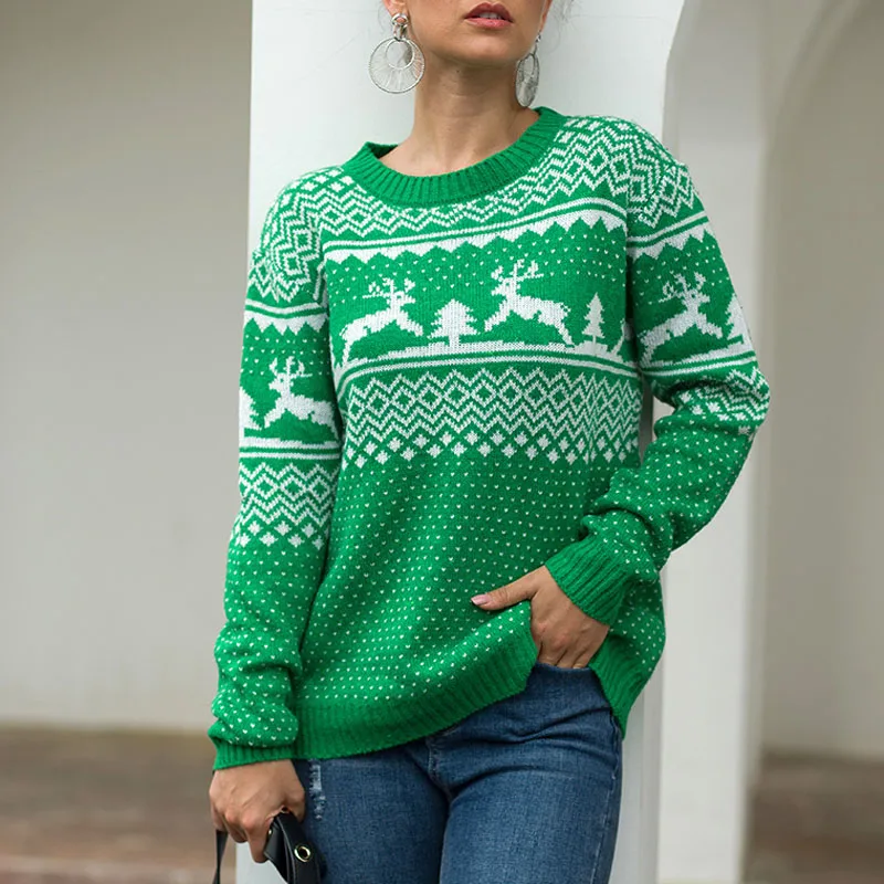 

Women's Fashion Christmas Ugly Pullover Sweater Autumn Winter Wool Knit Long Sleeve O Neck Jumpers Pull Femme Ribbed Tops