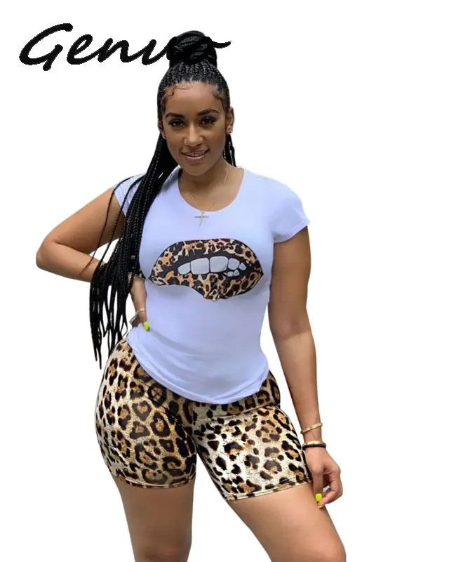 

Genuo Autumn Leopard Mouth Print Women Set Short Sleeve T-shirt Skinny Shorts Suit Two Piece Set Sporty Tracksuit Outfit 3color