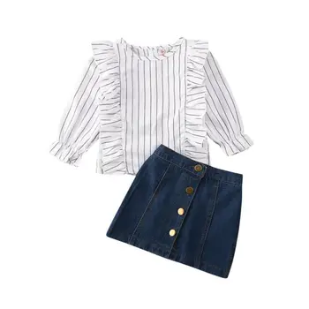 

Spring Autumn Kids Baby Girl Clothes Fly-Sleeve Striped T-shirt Tops + Denim Skirts 1-6Y Outfits 2pcs Set