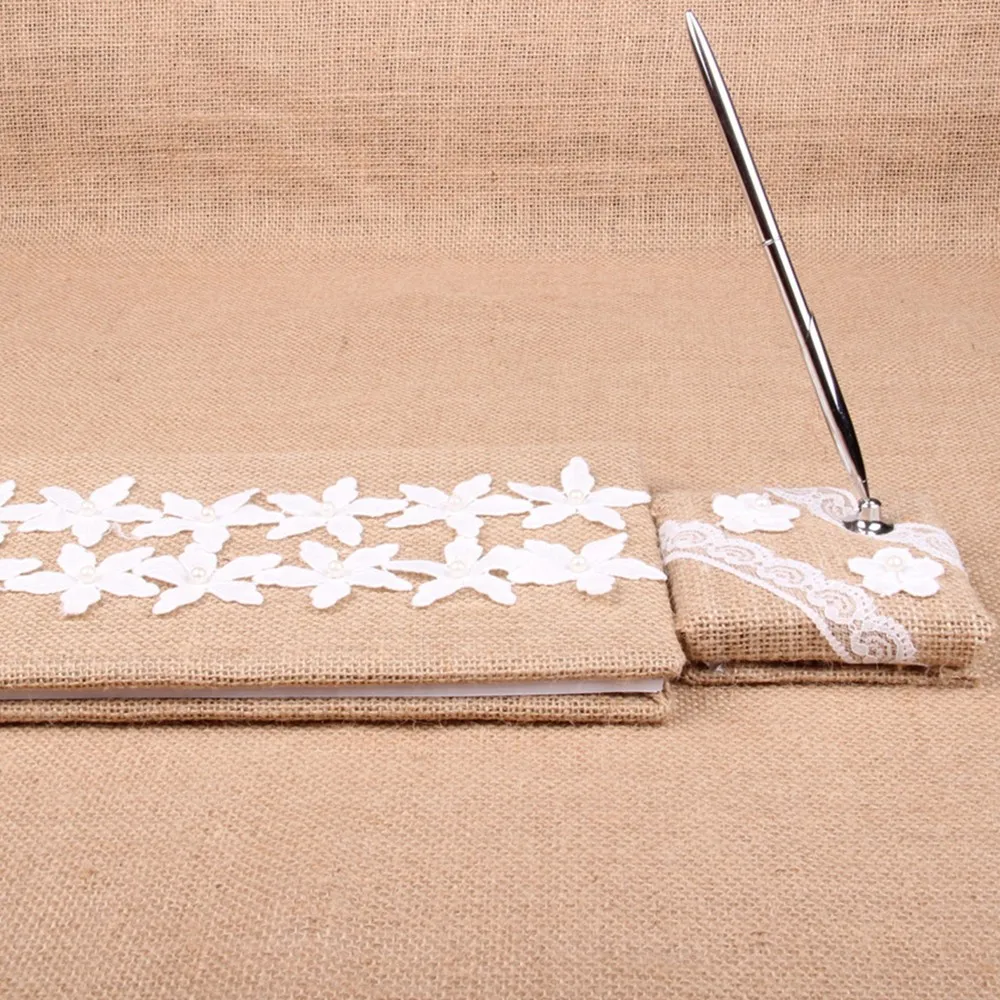 

24.5X16CM Burlap Wedding Guest Book Signature Books Notebook With Lace Rustic Wedding Decoration Centerpieces
