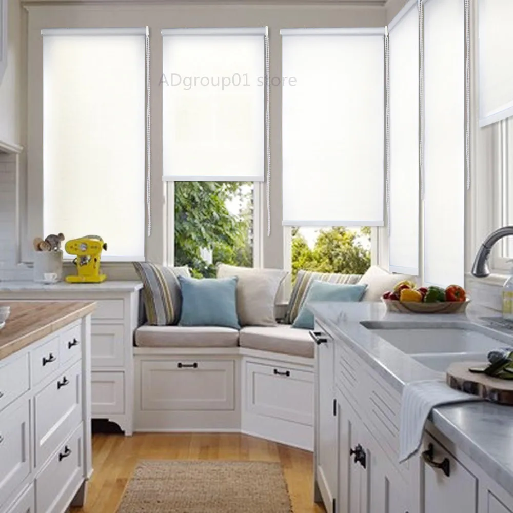 Window Roller Shades Blinds Light Filtering Fabric for Home Office Restaurant Kitchen Living Room Customized Size White