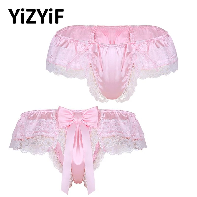 Сексуальное мужское блестящее атласное белье, Двухслойное цветочное кружевное нижнее белье с большим бантом сзади, низкая посадка, гей-бикини, трусики-стринги