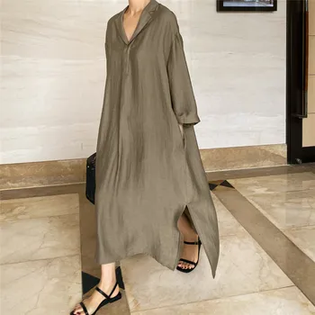 

Loose Plus Size Shirt Cotton and Linen Solid A Line Ankle-Length Dresses Women V508