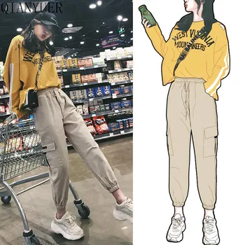 

2020 Harajuku ladies nine points pocket overalls belt elastic high waist harem pants spring casual ankle pants
