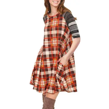 

Kureas Summer Dress Women A Line Half Sleeves Round Neck Casual Plaid Stripe Patchwork Mini Dress with Side Pockets