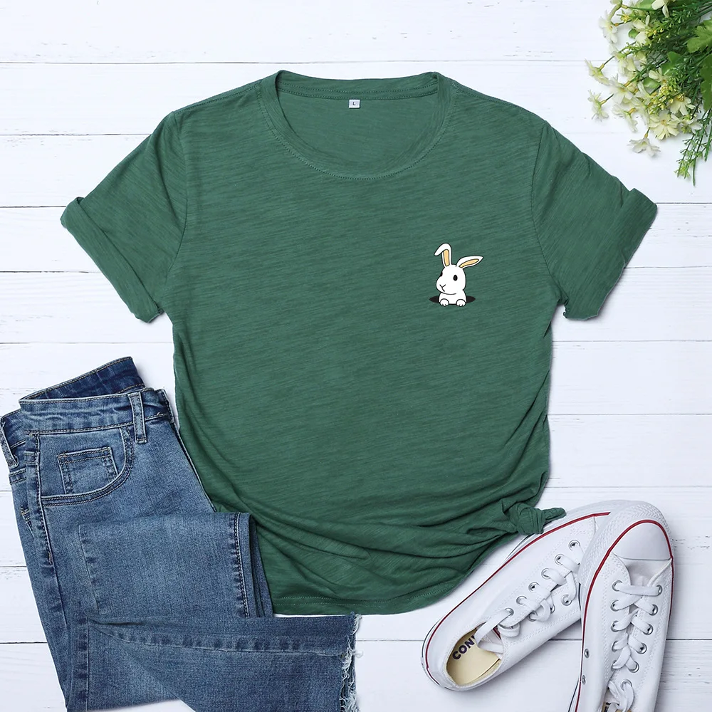Большие размеры летняя Модная хлопковая Футболка с принтом кролика Женская футболка Harajuku футболка с круглым вырезом короткий рукав женские футболки - Цвет: Армейский зеленый