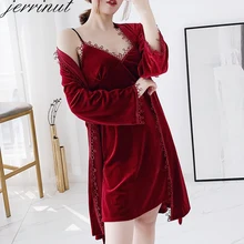 Jerrinut, 2 шт., зимняя женская пижама, набор, золотой бархат, халат, платье, набор, сексуальные кружевные женские пижамы, пижама, халат, ночная одежда