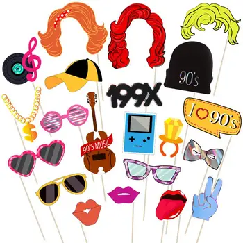 

Tinksky 21Pcs Funny 90's Party Photo Booth Props with Wooden Sticks Creative Party Decoration Supplies