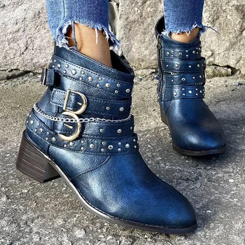

Fashion Boots Women's Ladies Short Bootie Pointed Toe Zipper Cowboy Motorcycle Leather Rivet Shoes Ankle Boots Botas