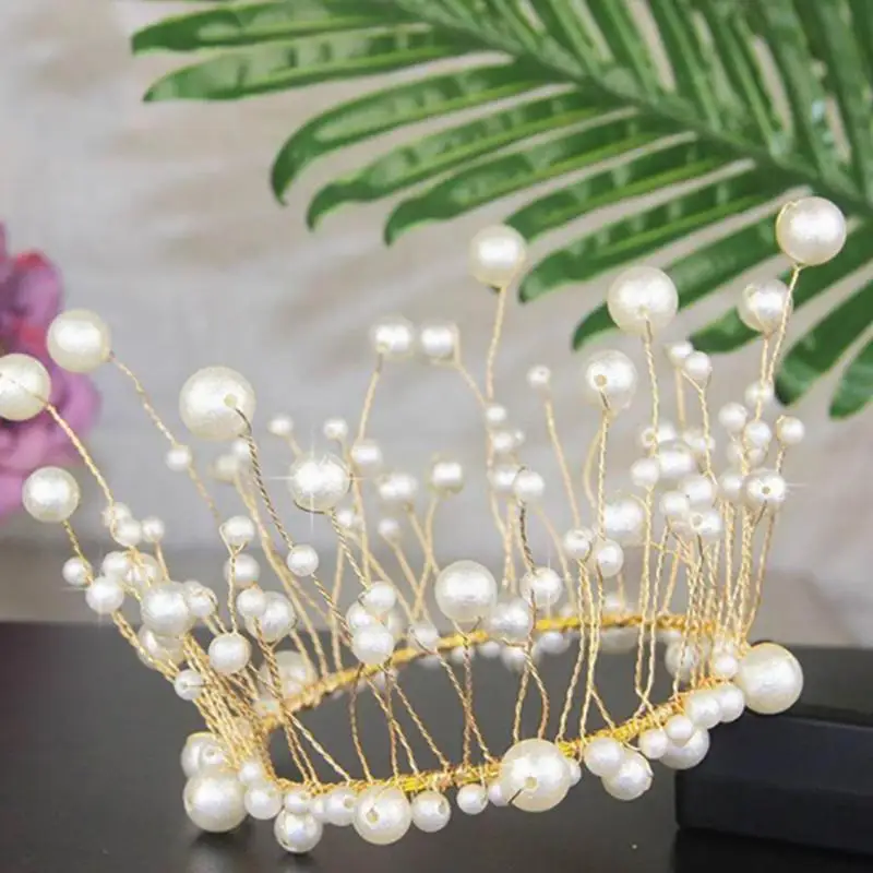 

Charming Handmade Pearl Princess Crown Cake Topper Wedding Decorating Bride and Groom Happy Birthday Hat Party Supplies