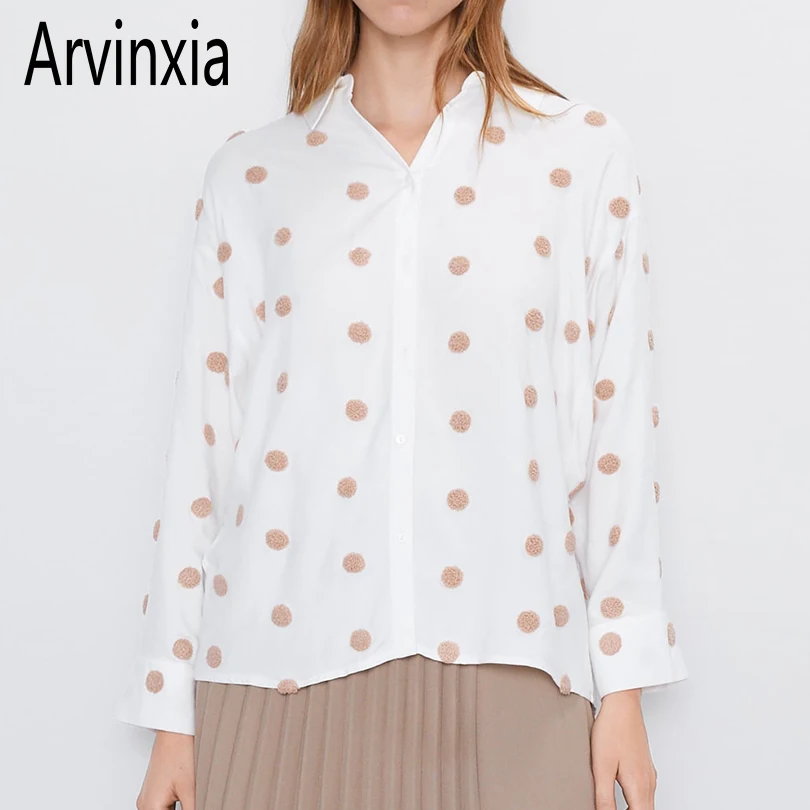 Arvinxia ZA, модные однотонные Женские рубашки в горошек, новинка, отложной воротник, женская блузка, шикарная, с длинным рукавом, пуговицы, Декор, Femme Blusas