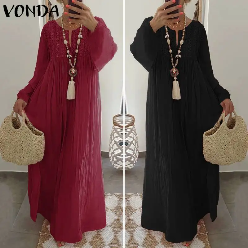 VONDA Plus Size Dress Women Sundress Casual Loose Vintage Long Sleeve Party Long Dress Bohemian Vestidos Female Cotton Robe